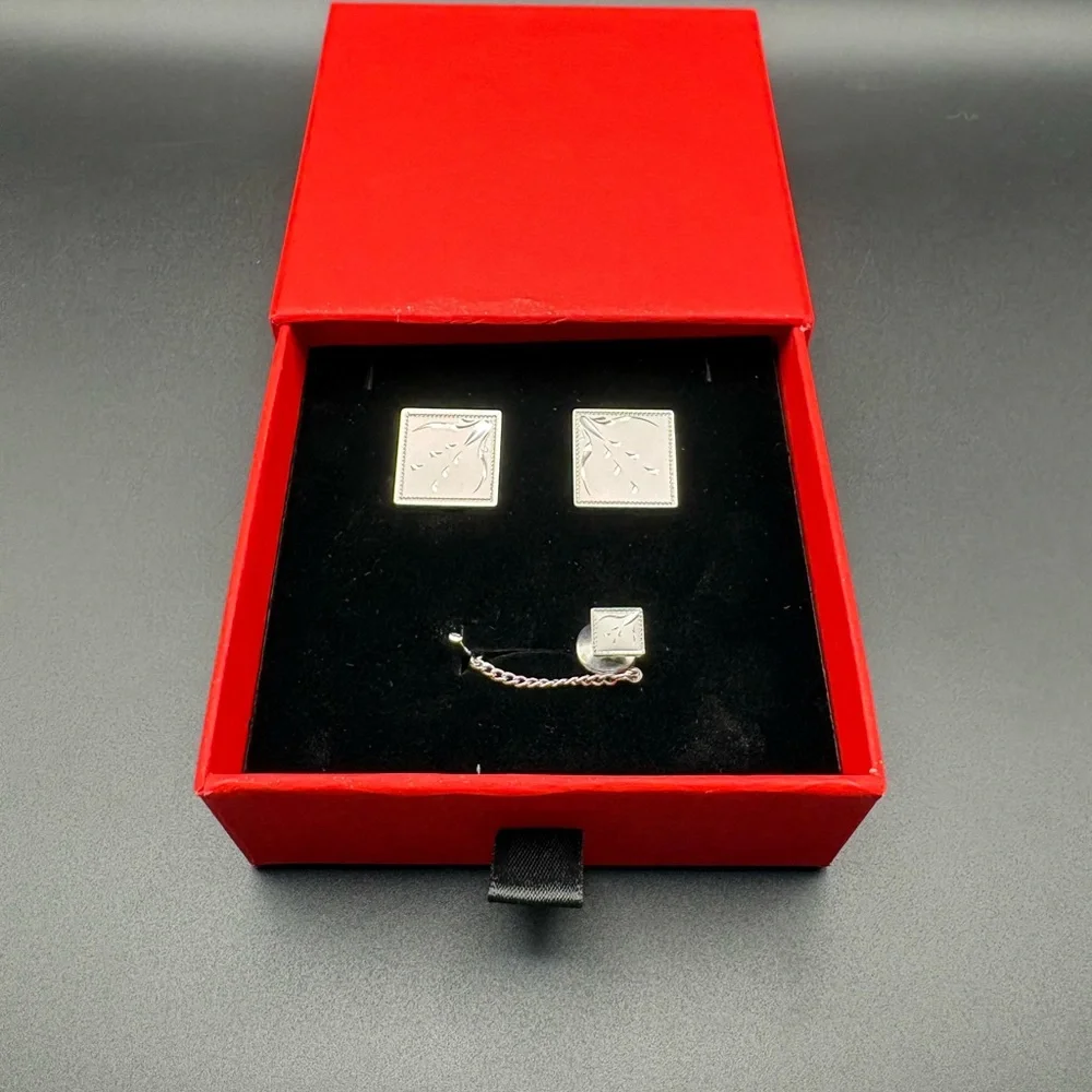 Vintage Engraved Floral Cufflinks Tie Tack Set Silver Tone Swank Formal Gift Men